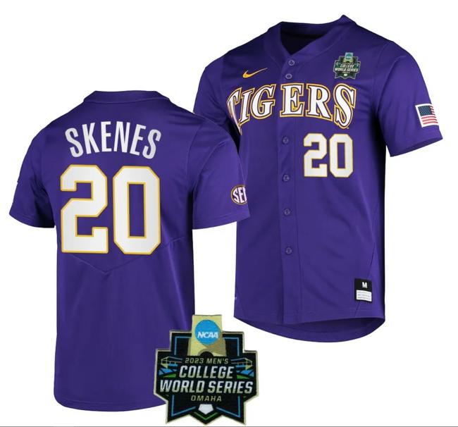 Men's LSU Tigers Baseball Paul Skenes Jersey NCAA 2023 College World Series Purple #20