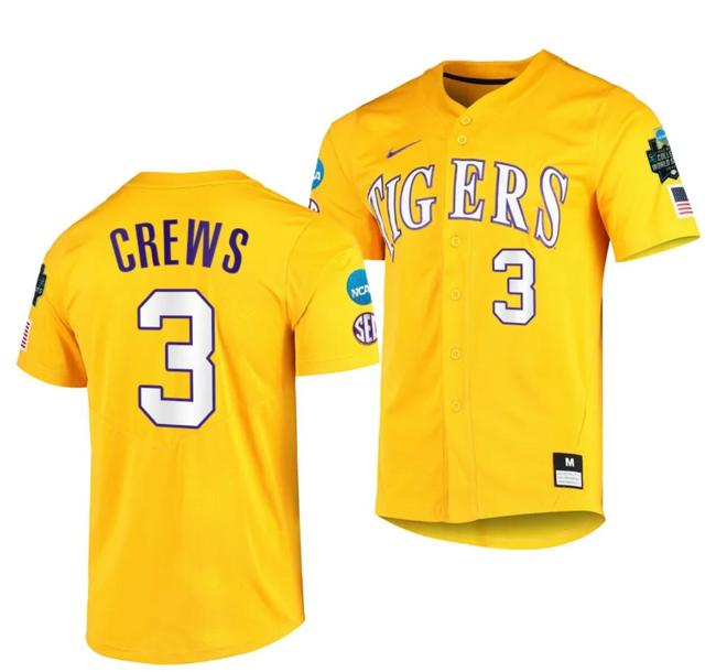 Men's 2023 College World Series Dylan Crews Jersey LSU Tigers NCAA Baseball Gold #3