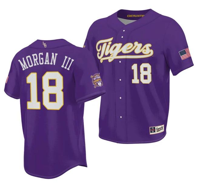 Men's 2023 College World Series Champions Tre Morgan Jersey LSU Tigers NCAA Baseball Purple #18