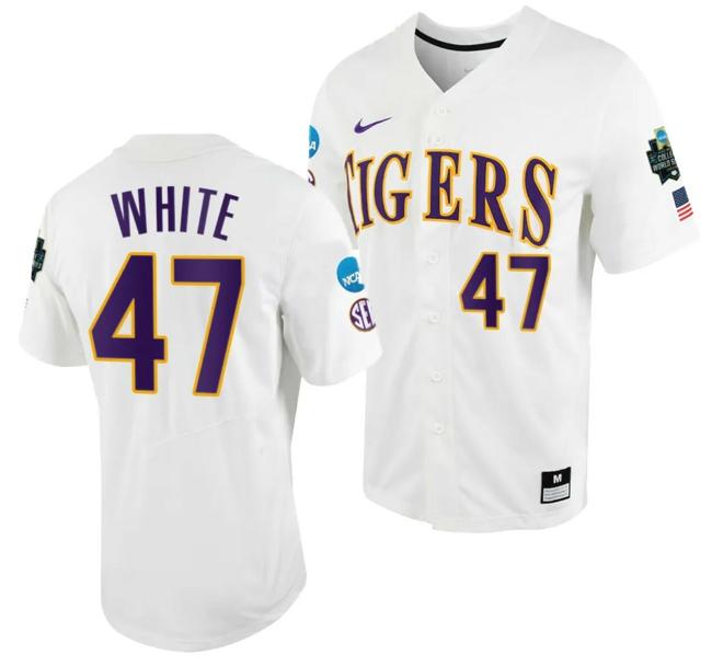 Men's Tommy White Jersey LSU Tigers #47 White 2023 College World Series NCAA Baseball