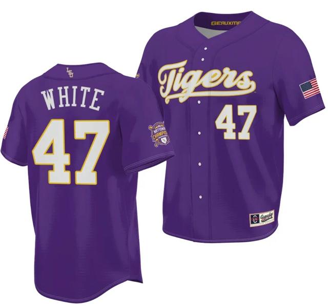 Men's 2023 College World Series Champions Tommy White Jersey LSU Tigers NCAA Baseball Purple #47