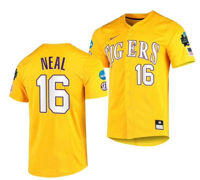 Men's 2023 College World Series Brady Neal Jersey LSU Tigers NCAA Baseball Gold #16