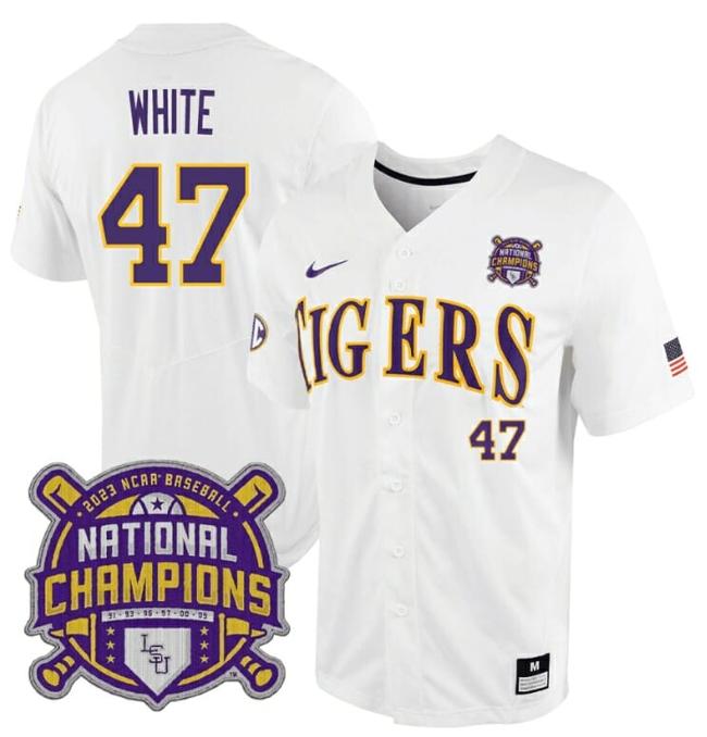 Men's Lsu Tigers Tommy White Jersey #47 National Champions NCAA College Baseball Stitched White Tigers