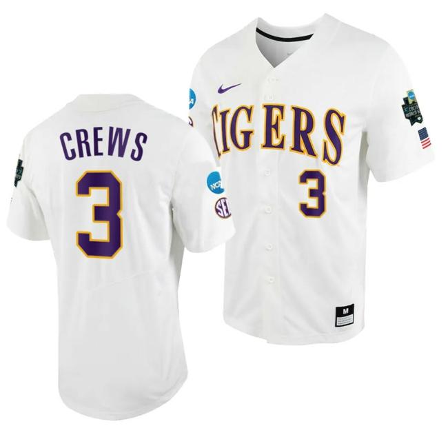 Men's Dylan Crews Jersey LSU Tigers #3 White 2023 College World Series NCAA Baseball