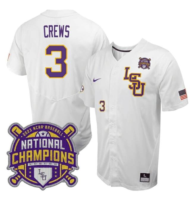 Men's Lsu Tigers Dylan Crews Jersey #3 National Champions NCAA College Baseball Stitched White