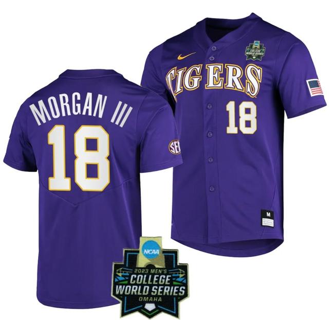 Men's LSU Tigers Baseball Tre Morgan Jersey NCAA 2023 College World Series Purple #18