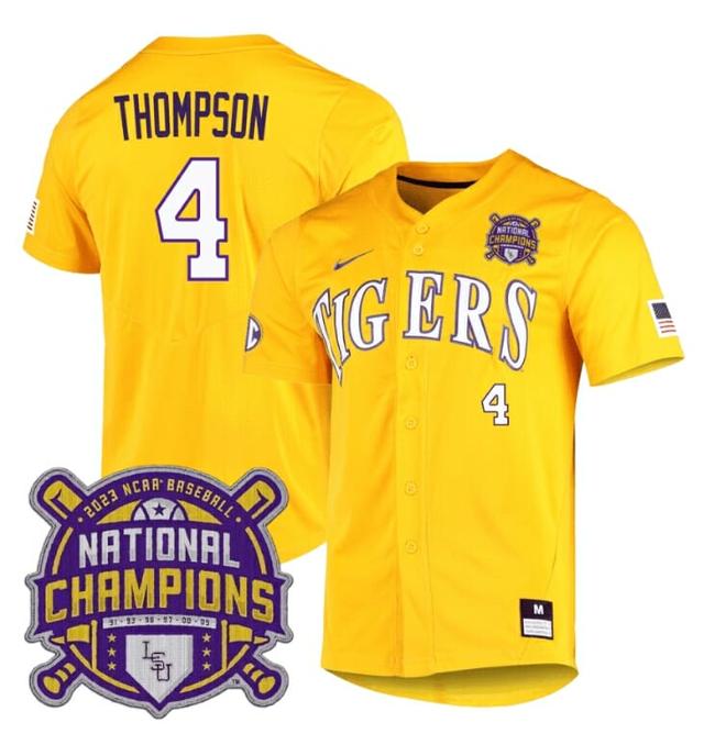 Men's Lsu Tigers Jordan Thompson Jersey #4 National Champions NCAA College Baseball Stitched Gold