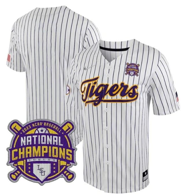 Men's Lsu Tigers Jersey NCAA College Baseball National Champions Stitched White Stripe