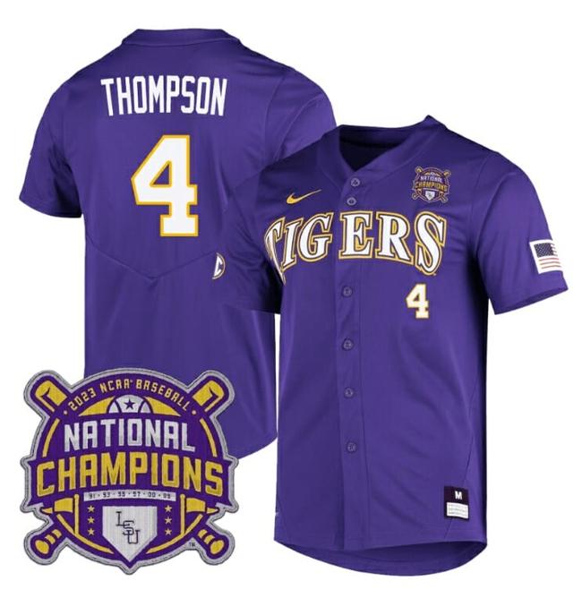 Men's Lsu Tigers Jordan Thompson Jersey #4 National Champions NCAA College Baseball Stitched Purple