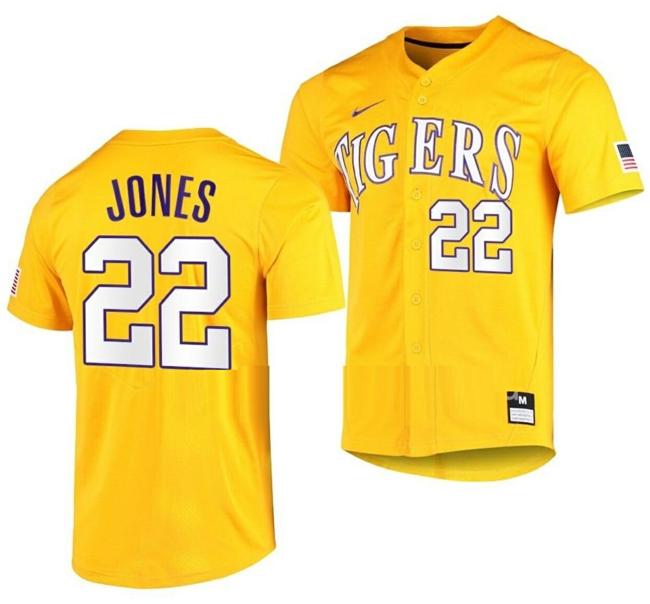 Men's Jared Jones Jersey Lsu Tigers Baseball NCAA College Vapor Untouchable Elite Gold #22