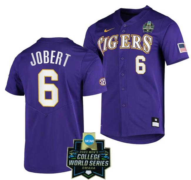 Men's LSU Tigers Brayden Jobert Jersey NCAA 2023 College World Series Purple Baseball #6