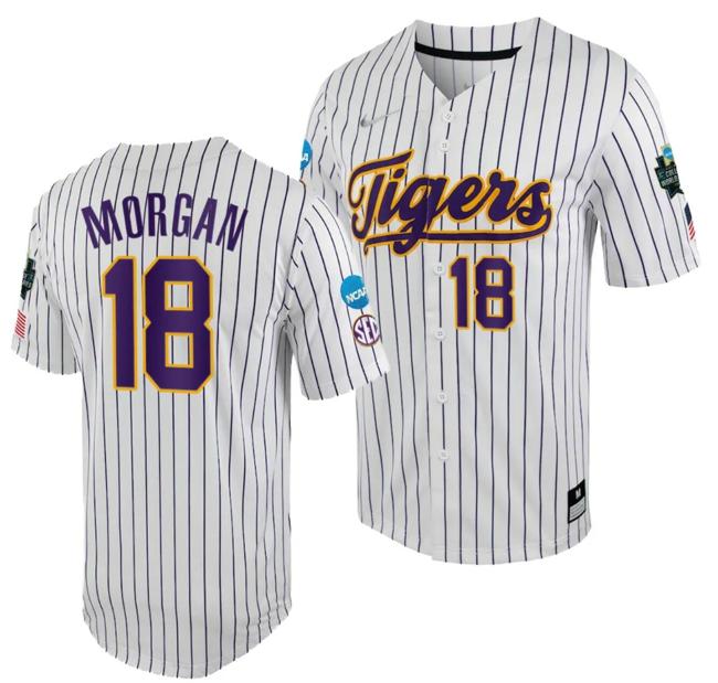 Men's LSU Tigers Tre Morgan Jersey 2023 College World Series White Purple #18 NCAA Baseball