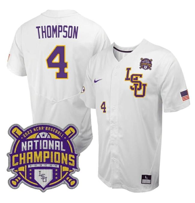 Men's Lsu Tigers Jordan Thompson Jersey #4 National Champions NCAA College Baseball Stitched White