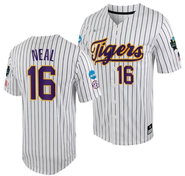 Men's LSU Tigers Brady Neal Jersey 2023 College World Series White Purple #16 NCAA Baseball