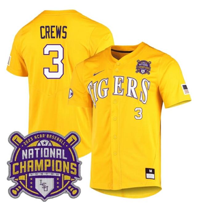 Men's Lsu Tigers Dylan Crews Jersey #3 National Champions NCAA College Baseball Stitched Gold