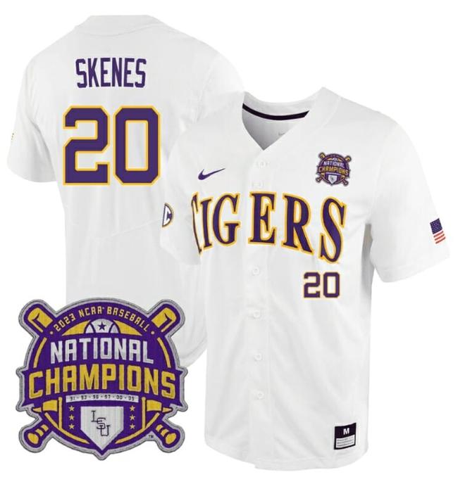 Men's Lsu Tigers Paul Skenes Jersey #20 National Champions NCAA College Baseball Stitched White Tigers