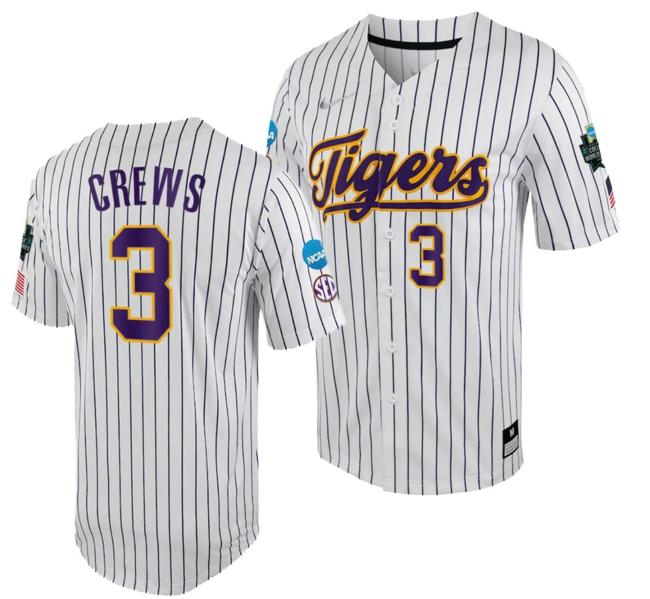 Men's LSU Tigers Dylan Crews Jersey 2023 College World Series White Purple #3 NCAA Baseball