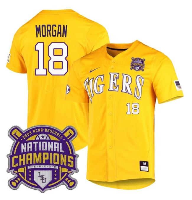 Men's Lsu Tigers Tre Morgan Jersey #18 National Champions NCAA College Baseball Stitched Gold