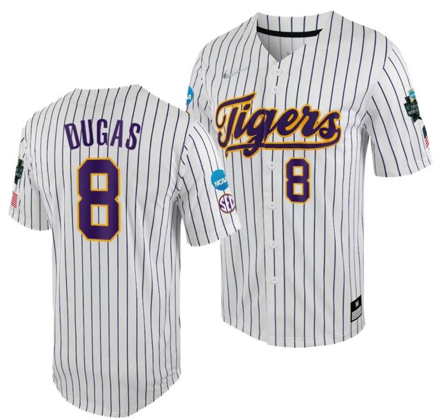 Men's LSU Tigers Gavin Dugas Jersey 2023 College World Series White Purple #8 NCAA Baseball