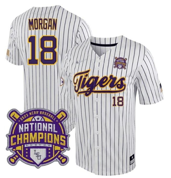 Men's Lsu Tigers Tre Morgan Jersey #18 National Champions NCAA College Baseball Stitched White Stripe