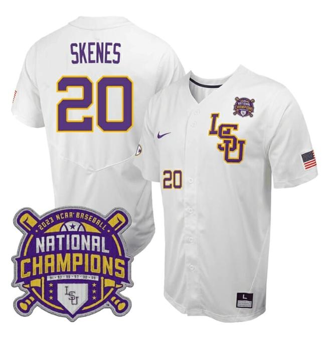 Men's Lsu Tigers Paul Skenes Jersey #20 National Champions NCAA College Baseball Stitched White