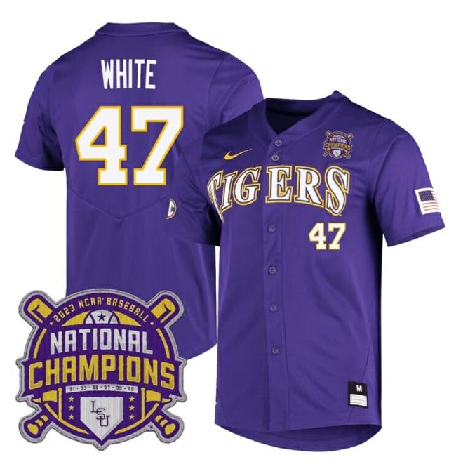 Men's Lsu Tigers Tommy White Jersey #47 National Champions NCAA College Baseball Stitched Purple