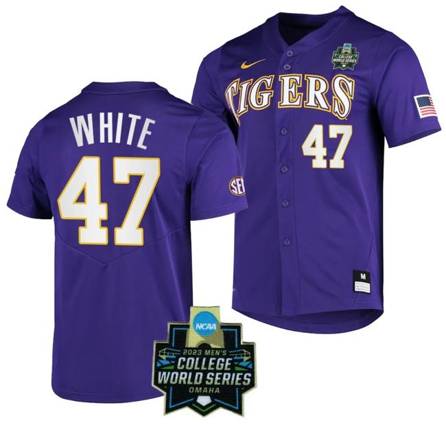 Men's LSU Tigers Baseball Tommy White Jersey NCAA 2023 College World Series Purple #47