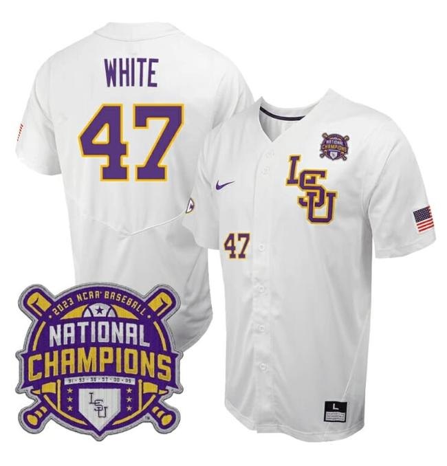 Men's Lsu Tigers Tommy White Jersey #47 National Champions NCAA College Baseball Stitched White