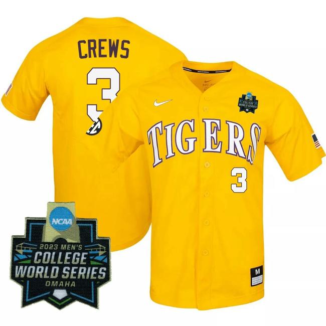 Men's Dylan Crews Jersey 2023 World Series LSU Tigers Baseball NCAA College Yellow Alumni #3