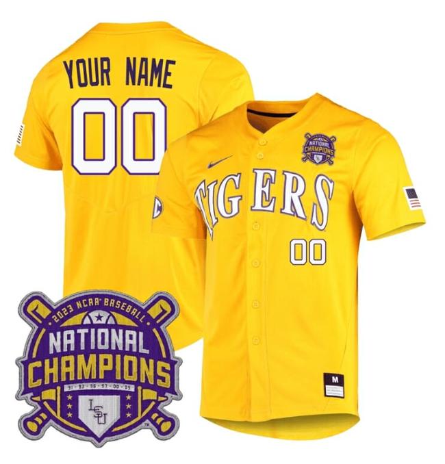 Men's Custom Lsu Tigers Jersey National Champions 2023 NCAA College Baseball Stitched Gold