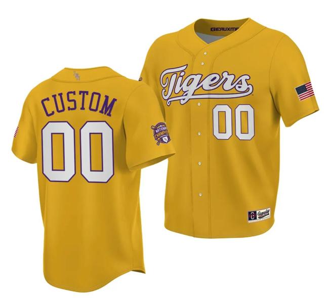 Men's Custom LSU Tigers Jersey Name and Number 2023 College World Series Champions Gold #00 NCAA Baseball