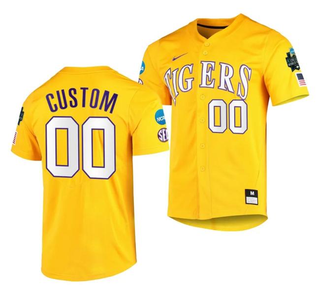 Men's 2023 College World Series Custom LSU Tigers Jersey Name and Number NCAA Baseball Gold #00