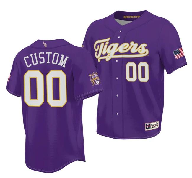 Men's 2023 College World Series Champions Custom LSU Tigers Jersey Name and Number NCAA Baseball Purple Jersey #00