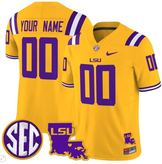 Men's Custom LSU Tigers Jersey Name and Number 2024 Louisiana Patch Vapor Limited College Football Stitched Gold