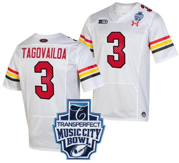 Men's Taulia Tagovailoa Jersey #3 Maryland Terrapins 2023 Music City Bowl Patch Football White