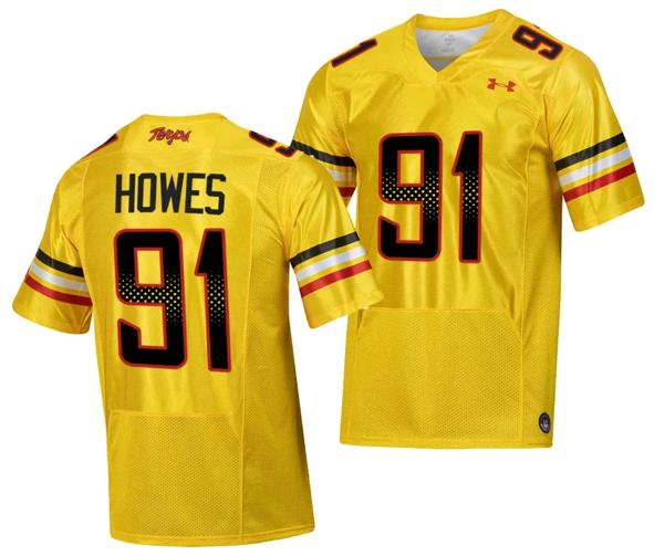 Men's Maryland Terrapins Jack Howes Jersey #91 College Football Gold 2023 Script Uniform