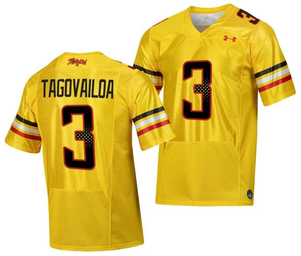 Men's Maryland Terrapins Taulia Tagovailoa Jersey #3 College Football Gold 2023 Script Uniform