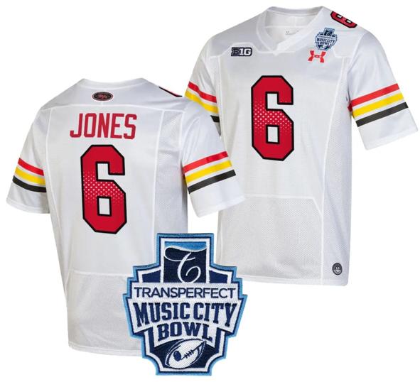 Men's Jeshaun Jones Jersey #6 Maryland Terrapins 2023 Music City Bowl Patch Football White