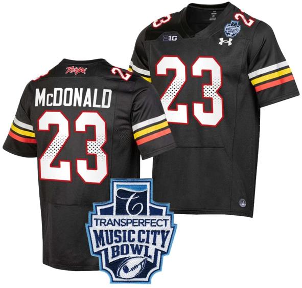 Men's Colby McDonald Jersey #23 Maryland Terrapins 2023 Music City Bowl Patch Football Black