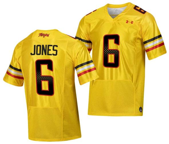 Men's Maryland Terrapins Jeshaun Jones Jersey #6 College Football Gold 2023 Script Uniform