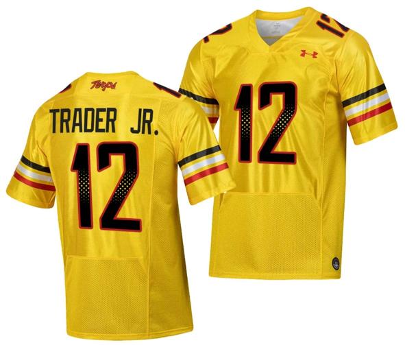 Men's Maryland Terrapins Dante Trader Jr Jersey #12 College Football Gold 2023 Script Uniform