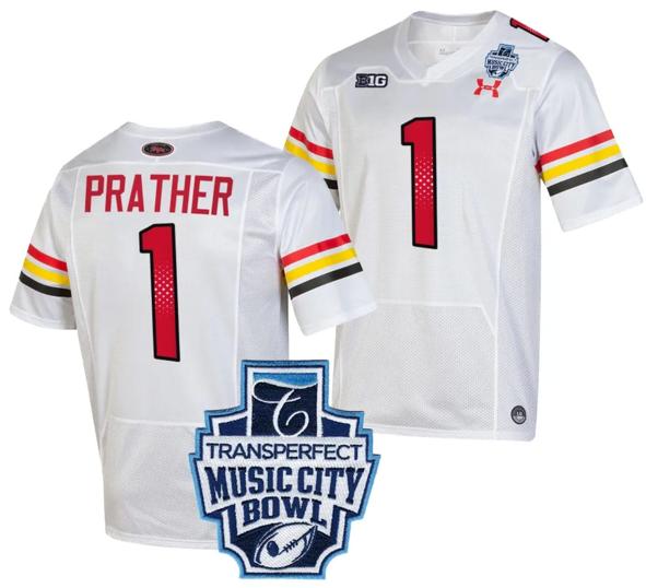 Men's Kaden Prather Jersey #1 Maryland Terrapins 2023 Music City Bowl Patch Football White