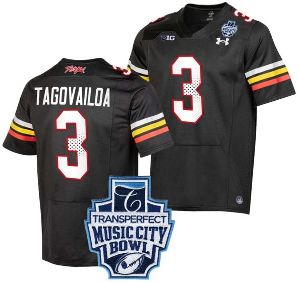 Men's Taulia Tagovailoa Jersey #3 Maryland Terrapins 2023 Music City Bowl Patch Football Black