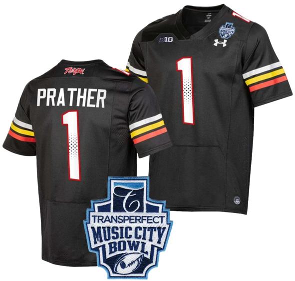 Men's Kaden Prather Jersey #1 Maryland Terrapins 2023 Music City Bowl Patch Football Black