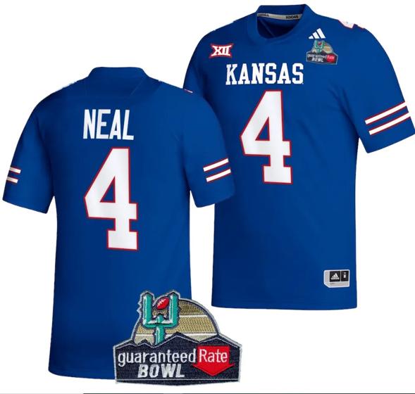 Men's Devin Neal Jersey #4 Kansas Jayhawks 2023 Guaranteed Rate Bowl Champs Football Royal