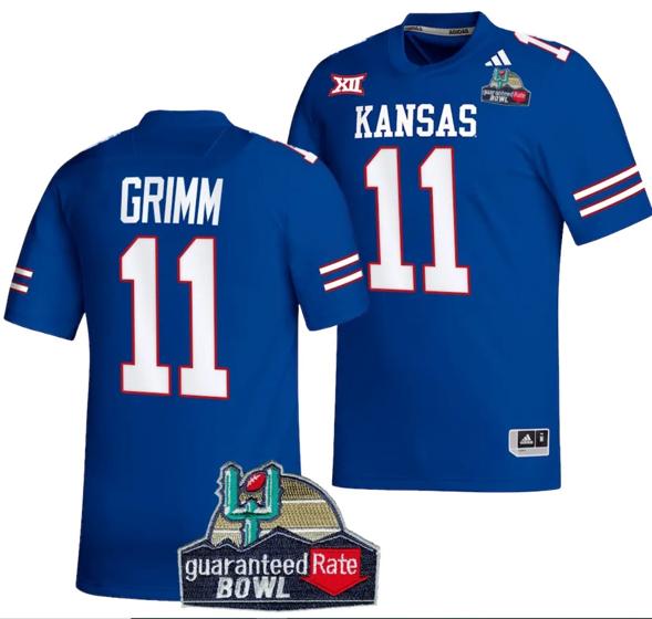 Men's Luke Grimm Jersey #11 Kansas Jayhawks 2023 Guaranteed Rate Bowl Champs Football Royal