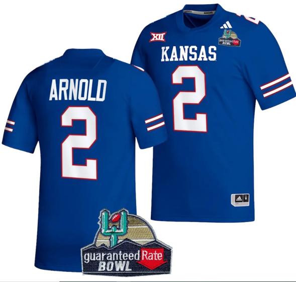 Men's Lawrence Arnold Jersey #2 Kansas Jayhawks 2023 Guaranteed Rate Bowl Champs Football Royal