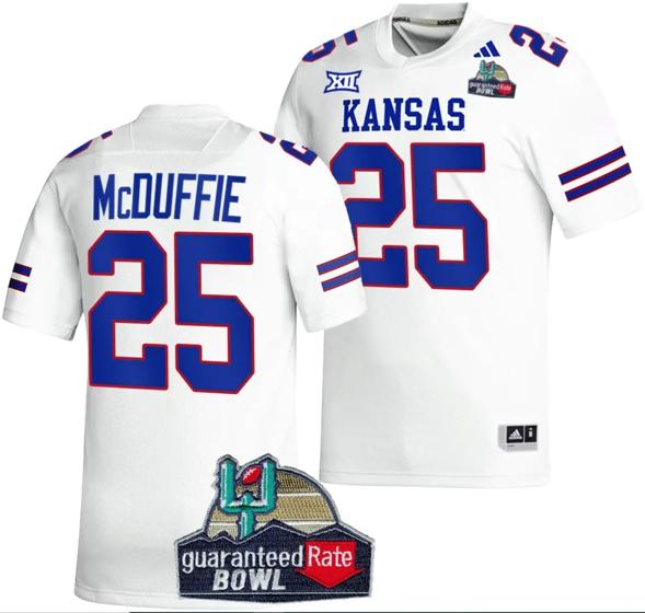 Men's Dylan McDuffie Jersey #25 Kansas Jayhawks 2023 Guaranteed Rate Bowl Champs MVP Football White