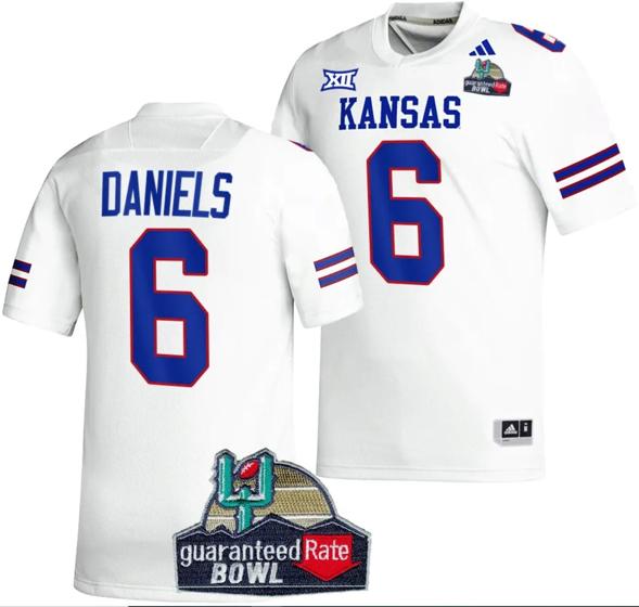 Men's Jalon Daniels Jersey #6 Kansas Jayhawks 2023 Guaranteed Rate Bowl Champs MVP Football White