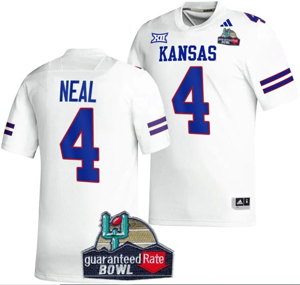 Men's Devin Neal Jersey #4 Kansas Jayhawks 2023 Guaranteed Rate Bowl Champs MVP Football White